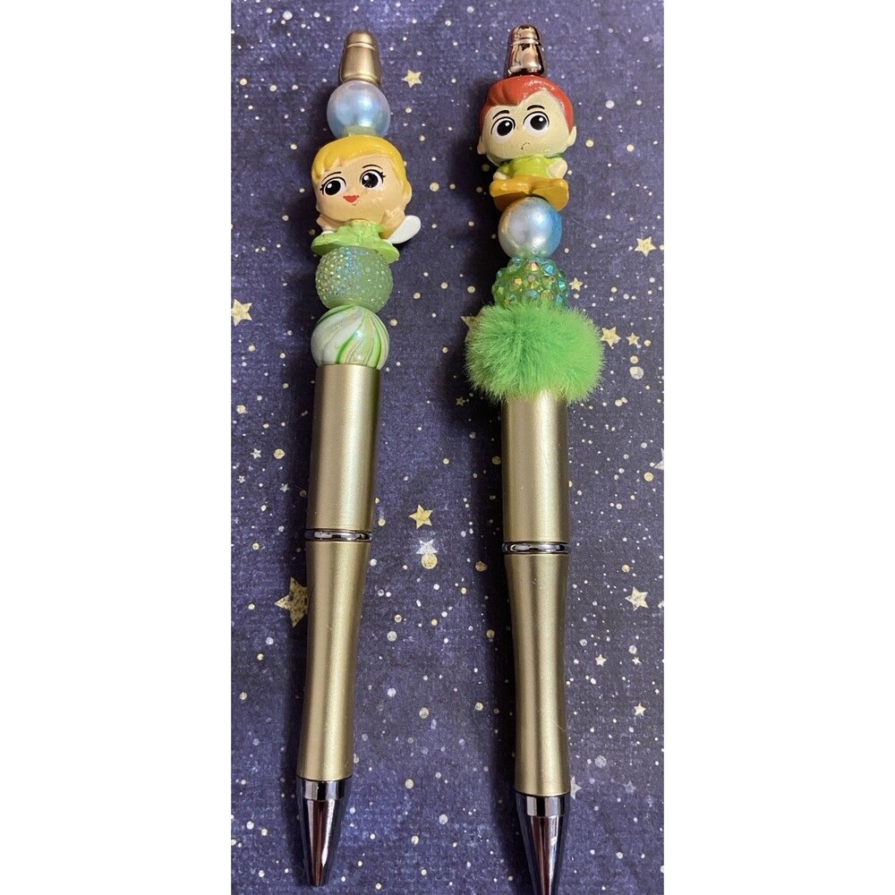Tinker Bell & Peter Pan Beaded Pens Handmade Extra Ink Original Colorful Set